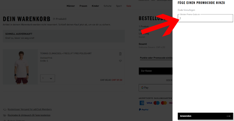adidas Promocode im Warenkorb hinzufügen