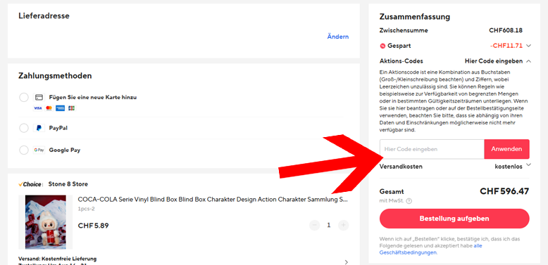 Die AliExpress Code Promo im Warenkorb anwenden