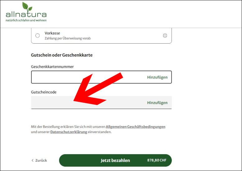 allnatura Gutschein im letzten Bestellschritt nutzen