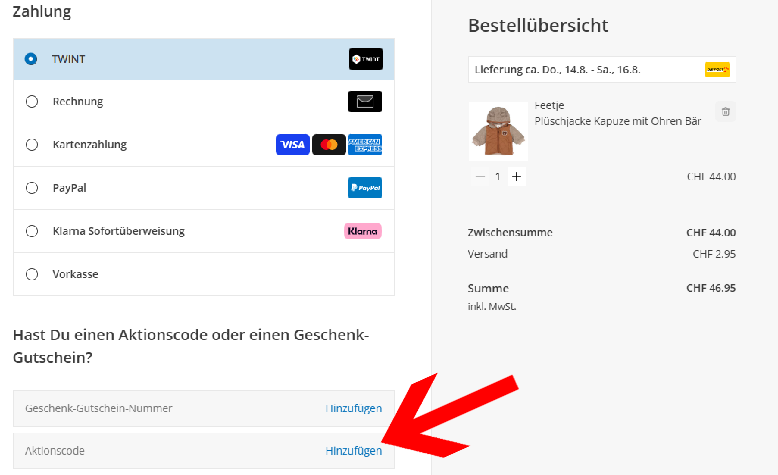 Den babywalz Gutscheincode im dritten Bestellschritt anwenden