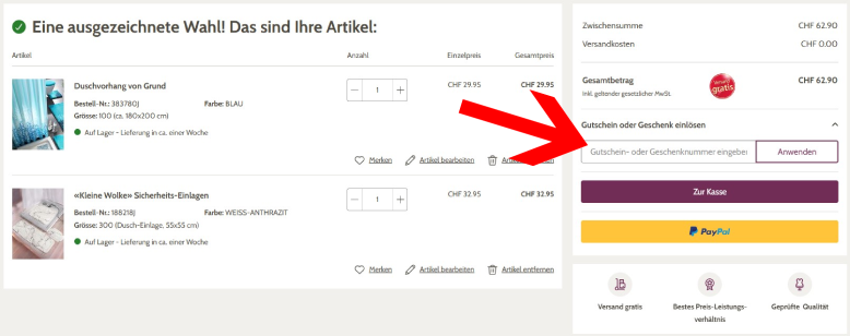 BADER Gutschein im Warenkorb aktivieren