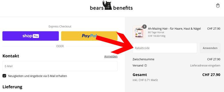 Bears with Benefits Rabattcode im ersten Bestellschritt eingeben