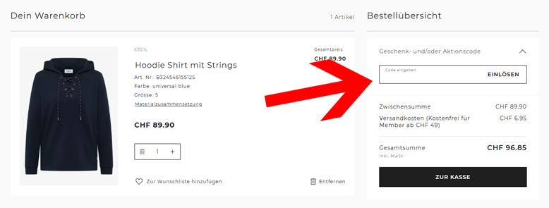 Den CECIL Gutschein im Warenkorb einlösen