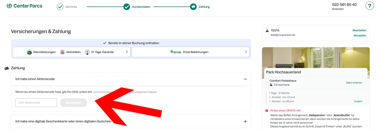 Im Bestellschritt Zahlung den Center Parcs Coupon anwenden
