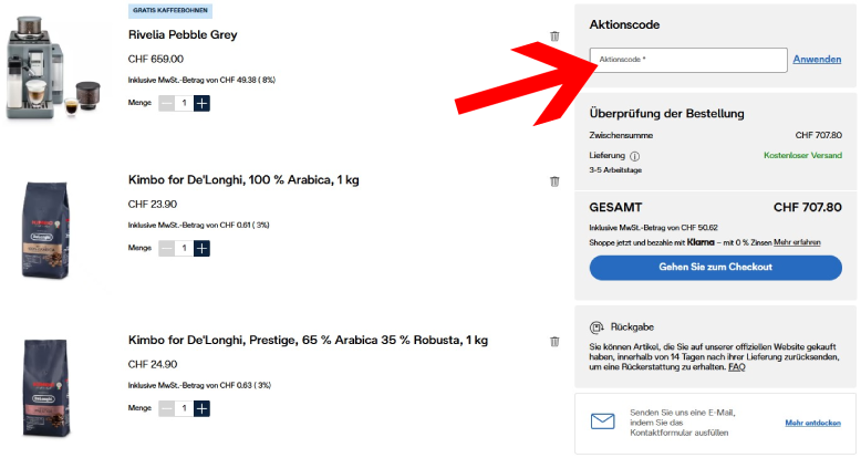 De'Longhi Gutschein im Warenkorb anwenden