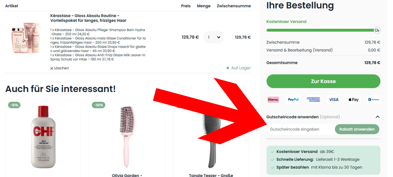 Den Haarshop Gutschein im Warenkorb einlösen