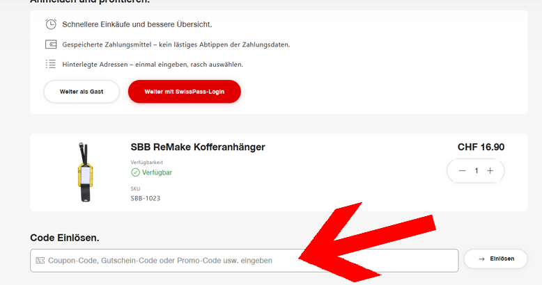 Den SBB Gutschein im Warenkorb einlösen