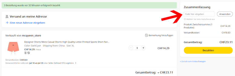 Den DHGate Coupon im Warenkorb nutzen