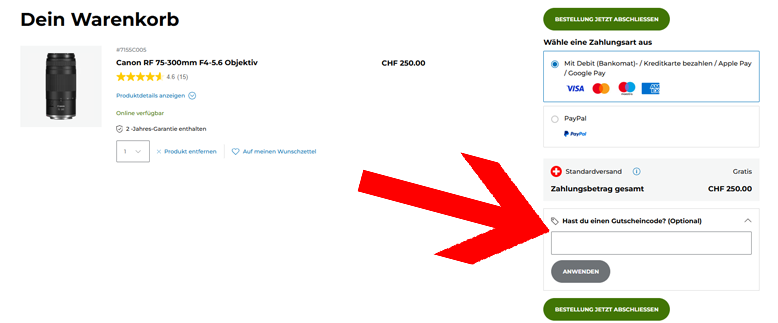Die Canon Aktion im Warenkorb einlösen