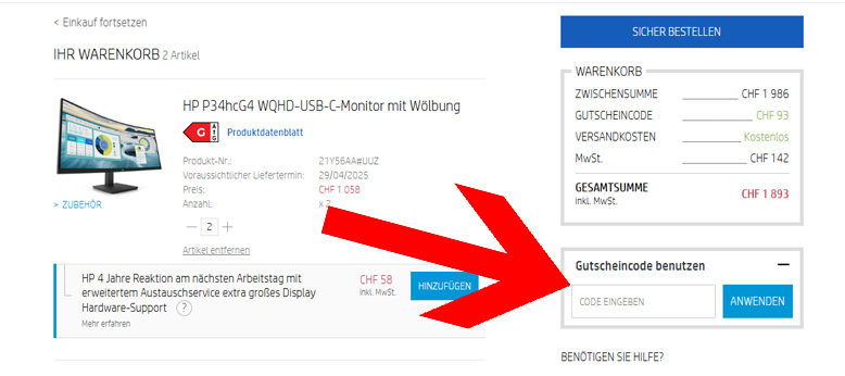 Die HP Aktion einfach im Warenkorb nutzen