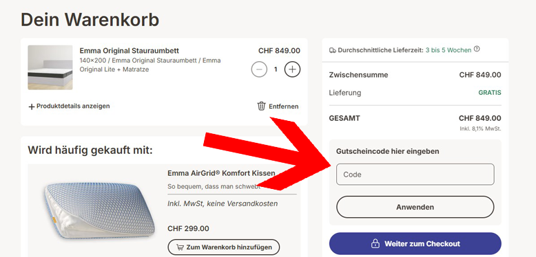 Den Emma Rabatt im Warenkorb anwenden