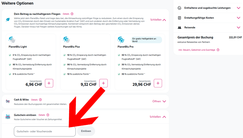 Löse den Eurowings Gutschein im 6. Bestellschritt bei der Bezahlung ein