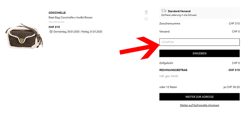 Den fashionette Gutschein im Warenkorb eingeben