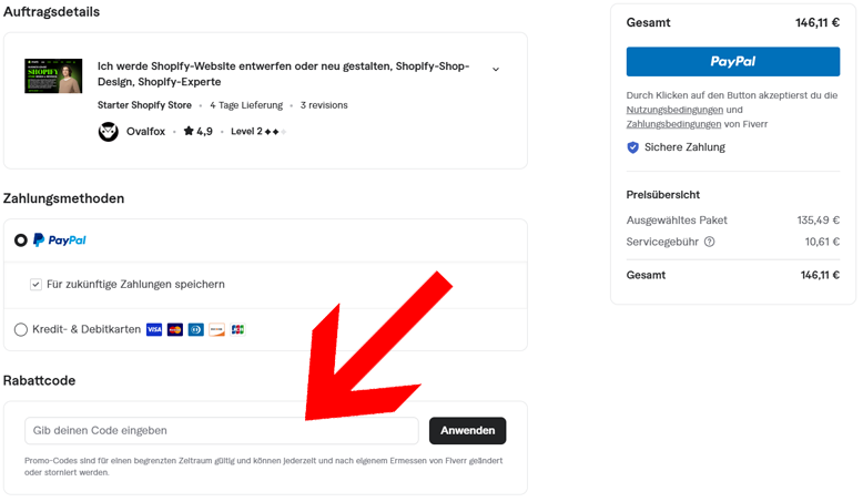 Den Fiverr Coupon löst du an der Kasse nach der Zahlung ein