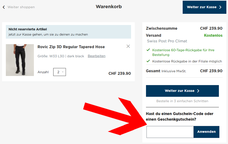 Aktiviere deinen G-Star Gutschein im Warenkorb