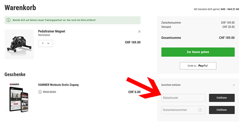 Den HAMMER Gutschein im Warenkorb eingeben