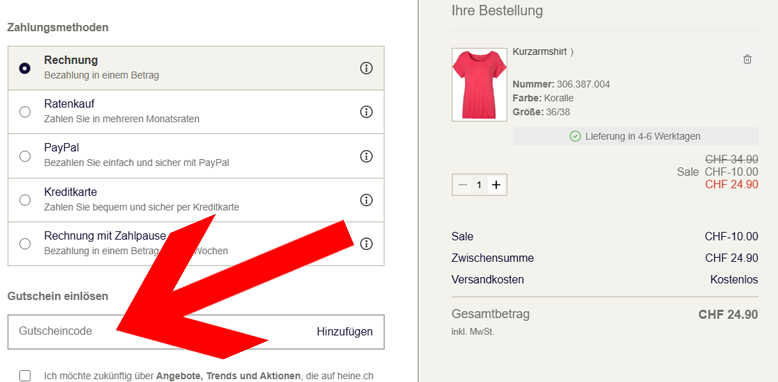 Aktiviere deinen Heine Gutschein an der Kasse im letzten Bestellschritt