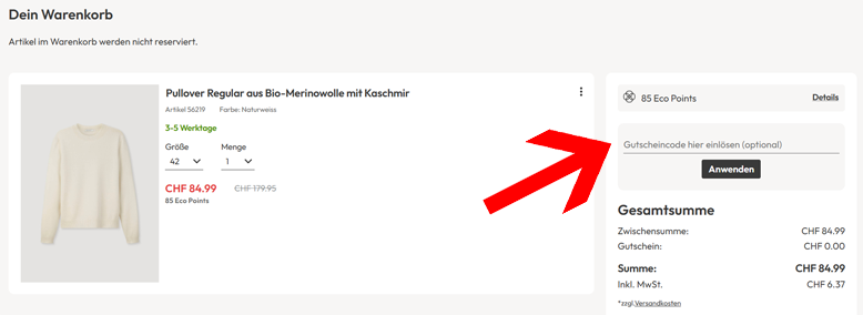 hessnatur Gutschein im Warenkorb nutzen