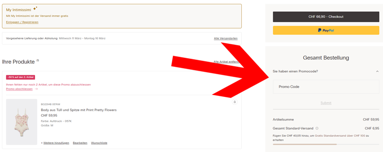 Den Intimissimi Gutschein im Warenkorb anwenden