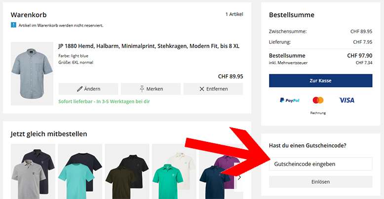 Den JP1880 Gutschein im Warenkorb einlösen