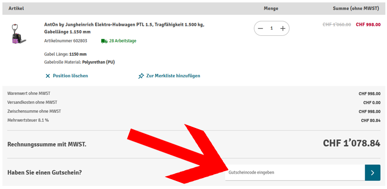 Löse den Jungheinrich Gutschein im Warenkorb ein