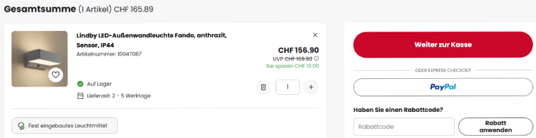 Lampenwelt Rabattcode im Warenkorb eingeben