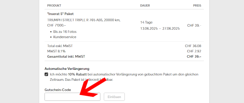 Den Motoscout24 Gutschein im letzten Bestellschritt einlösen