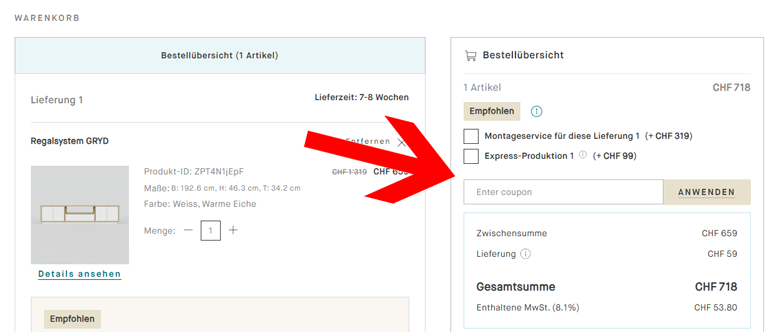 Im Warenkorb den Code anwenden