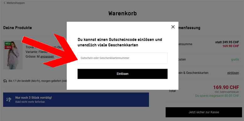 Den OCHSNER SPORT Gutschein im Warenkorb einlösen