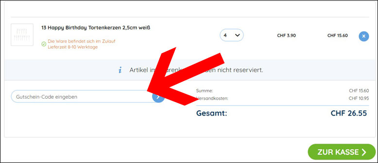 Den Party.ch Gutschein im Warenkorb einlösen