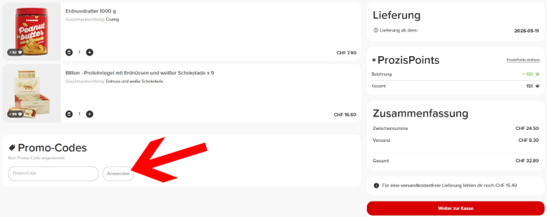 Löse die Prozis Code Promo im Warenkorb ein