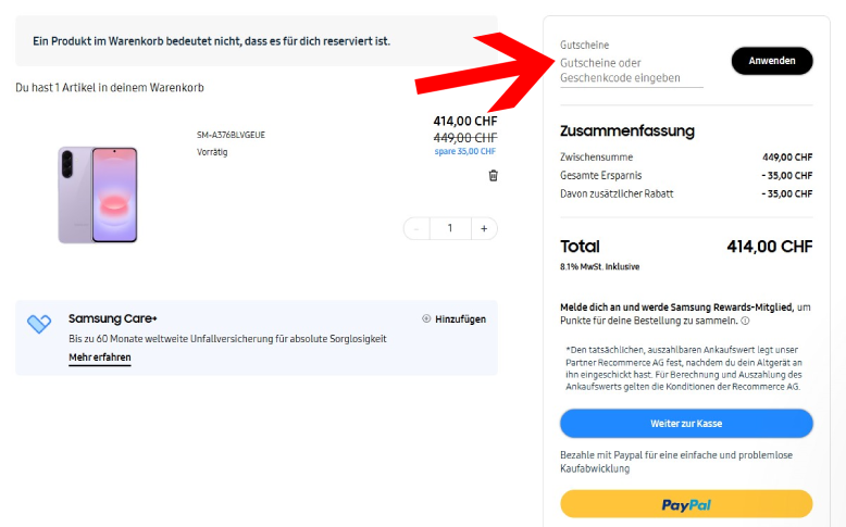 Löse den Samsung Gutschein im Warenkorb ein
