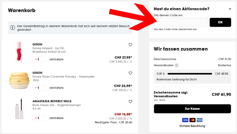 Den SEPHORA Gutschein im Warenkorb einlösen