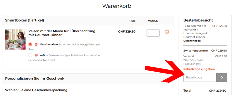 Den Smartbox Gutschein im Warenkorb einlösen