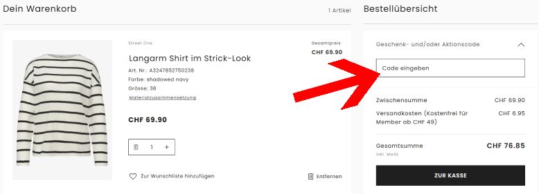 Löse den Street One Gutschein im Warenkorb ein