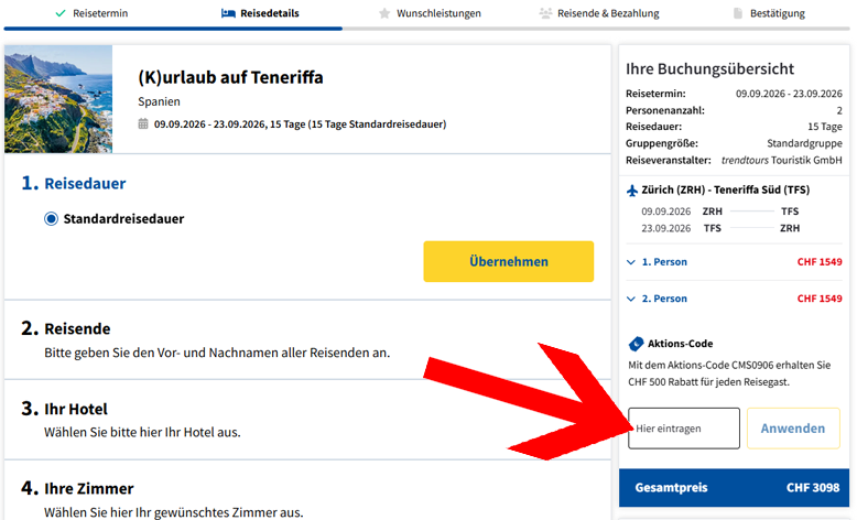 Deinen trendtours Gutschein gibst du bei den Reisedetails ein