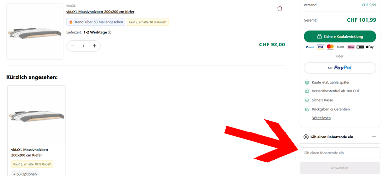 Den Vida XL Rabatt im Warenkorb einlösen